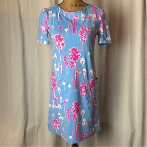 Persifor Dress XS Blue Magenta White Palm Tree Print Short Sleeve Shift Pockets
